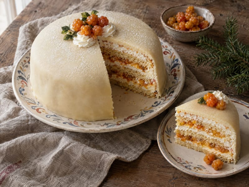 Julebløtkake med marsipanlokk og multer, med et stykke som viser tre lag sukkerbrød og multekrem.